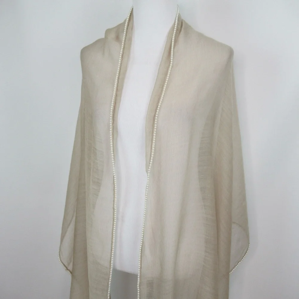 RANDI & WILL 12-Princess Latte Wool Silk Pearl Trimmed Shaw Scarf Women’s OS